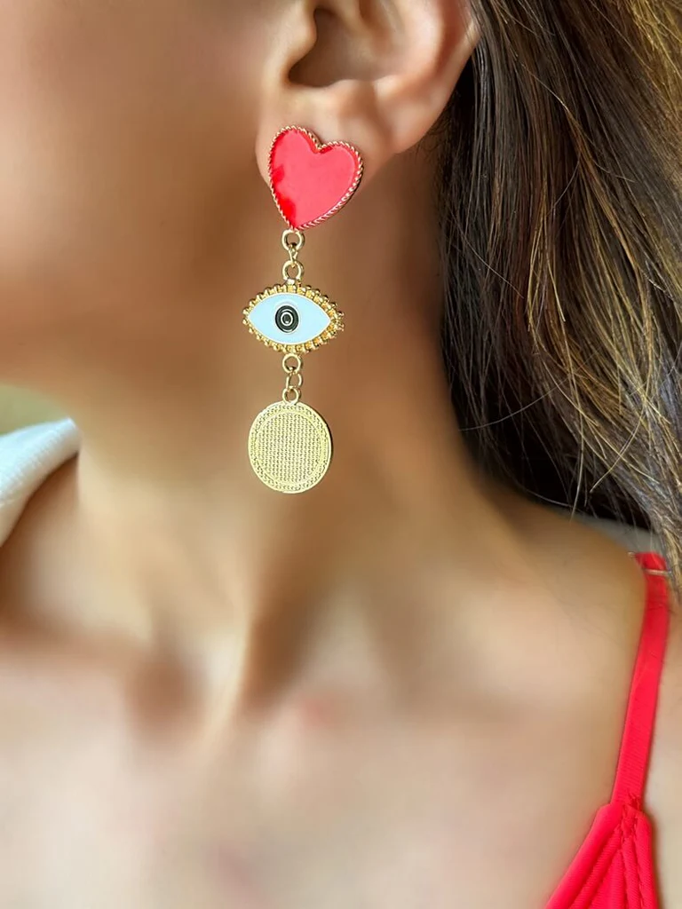 Heart & Evil Eye Charm Drop Earrings