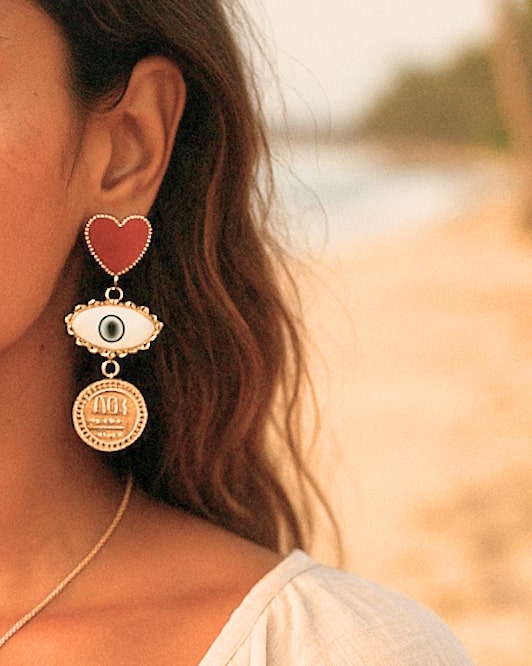 Heart & Evil Eye Charm Drop Earrings