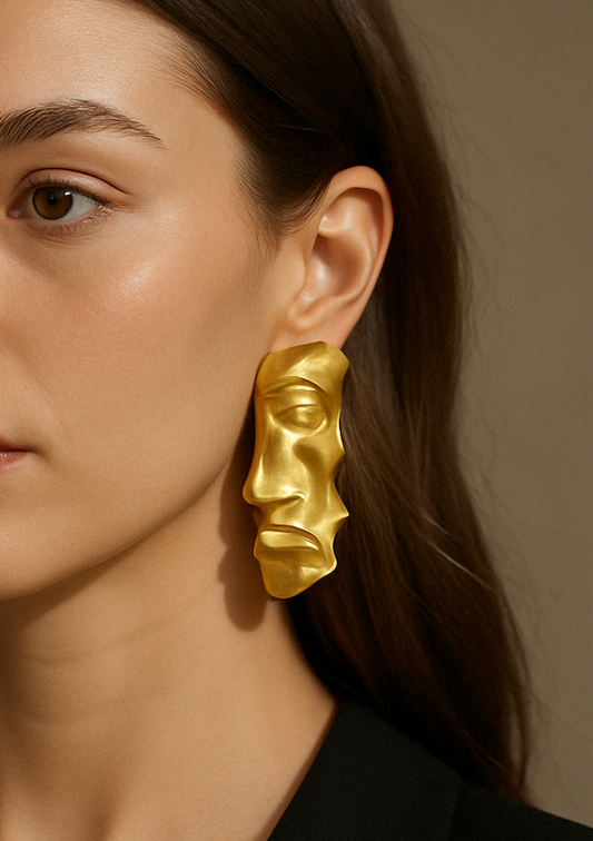 Golden Abstract Face Earrings