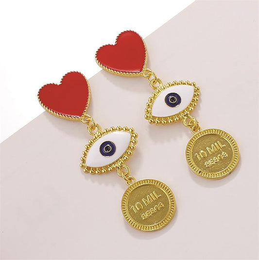 Heart & Evil Eye Charm Drop Earrings